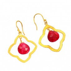 925 Sterling Silver Heart Shape Ruby Gemstone Gold Plated Dangle Handmade Earrings