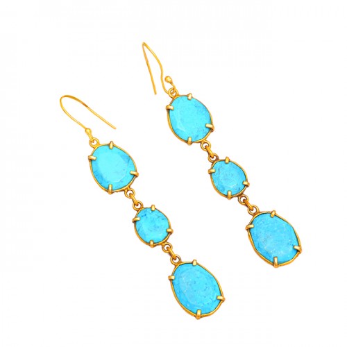 Prong Setting Oval Shape Turquoise Gemstone 925 Silver Gold Plated Dangle Earrings