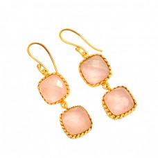 Rose Quartz Cushion Shape Gemstone 925 Sterling Silver Gold Plated Dangle Earrings