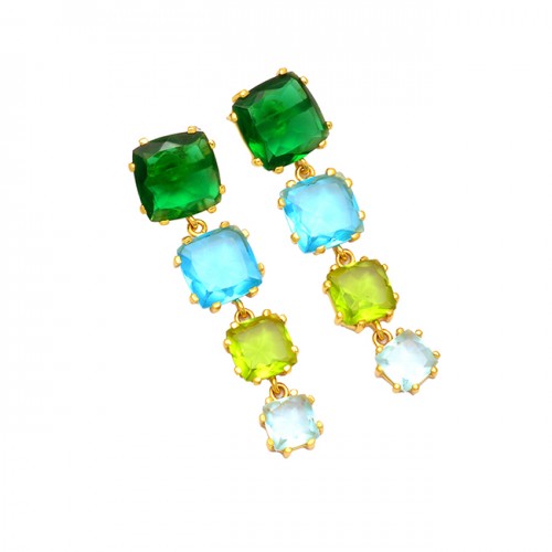 Cushion Shape Multi Color Gemstone 925 Sterling Silver Gold Plated Stud Earrings
