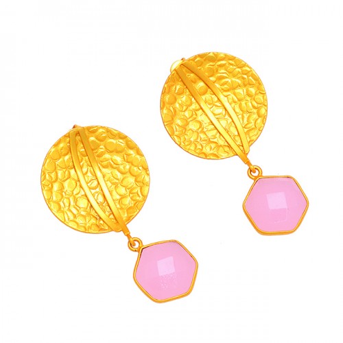 Pink Quartz Hexagon Shape Gemstone 925 Sterling Silver Handmade Designer Stud Earrings