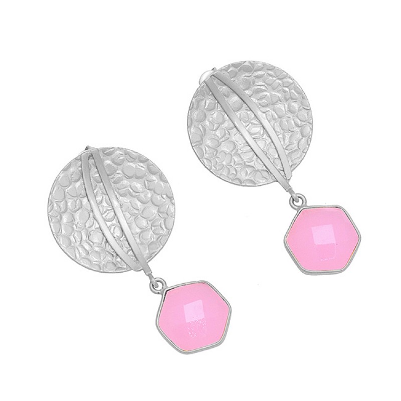 Pink Quartz Hexagon Shape Gemstone 925 Sterling Silver Handmade Designer Stud Earrings