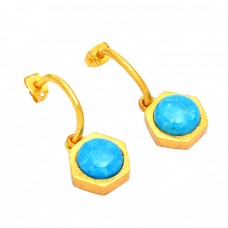 Round Shape Turquoise Gemstone 925 Sterling Silver Gold Plated Stud Earrings