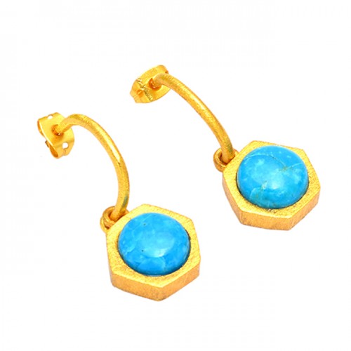 Round Shape Turquoise Gemstone 925 Sterling Silver Gold Plated Stud Earrings