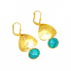 Oval Shape Turquoise Gemstone 925 Sterling Silver Gold Plated Clip-On Earrings