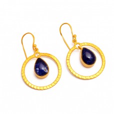 Pear Cabochon Sodalite Gemstone 925 Sterling Silver Gold Plated Dangle Earrings