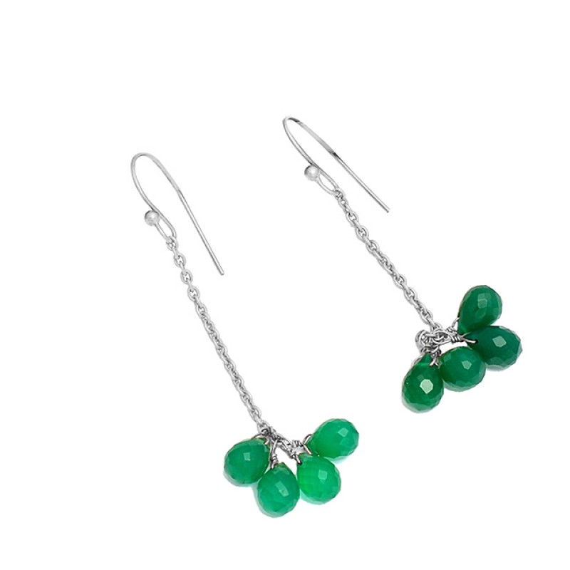 Pear Drops Green Onyx Gemstone 925 Sterling Silver Gold Plated Dangle Chain Earrings