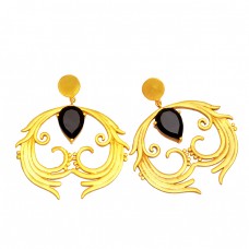 925 Sterling Silver Pear Shape Black Onyx Gemstone Gold Plated Stud Earrings