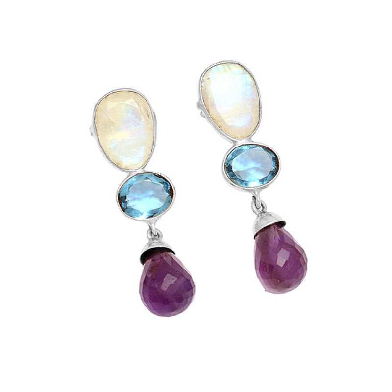 925 Sterling Silver Multi Color Gemstone Gold Plated Stud Dangle Earrings