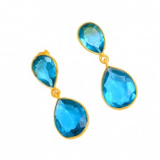 Pear Shape Blue Quartz Gemstone 925 Sterling Silver Gold Plated Stud Dangle Earrings