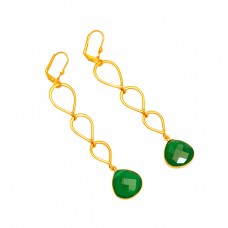 925 Sterling Silver Green Onyx Gemstone Gold Plated Dangle Clip-On Dangle Earrings