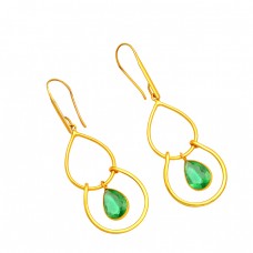 925 Sterling Silver Pear Shape Green Quartz Gemstone Gold Plated Dangle Earrings