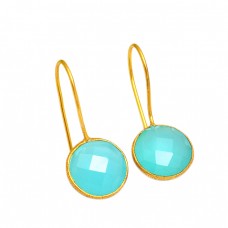 925 Sterling Silver Chalcedony Gemstone Fixed Ear Wire Gold Plated Earrings