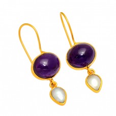 Amethyst Pearl Gemstone 925 Sterling Silver Gold Plated Handmade Earrings