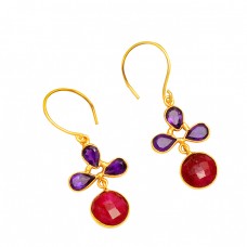 925 Sterling Silver Amethyst Ruby Gemstone Gold Plated Hoop Dangle Earrings