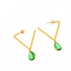 925 Sterling Silver Green Quartz Gemstone Gold Plated Dangle Hoop Earrings