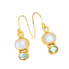 Moonstone Blue Topaz Gemstone 925 Sterling Silver Gold Plated Dangle Earrings