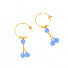 925 Sterling Silver Blue Chalcedony Gemstone Gold Plated Hoop Dangle Earrings