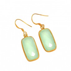 Cushion Shape Aqua Chalcedony Gemstone 925 Sterling Silver Gold Plated Earrings