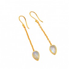 925 Sterling Silver Moonstone Pear Shape Gemstone Gold Plated Chain Dangle Earrings