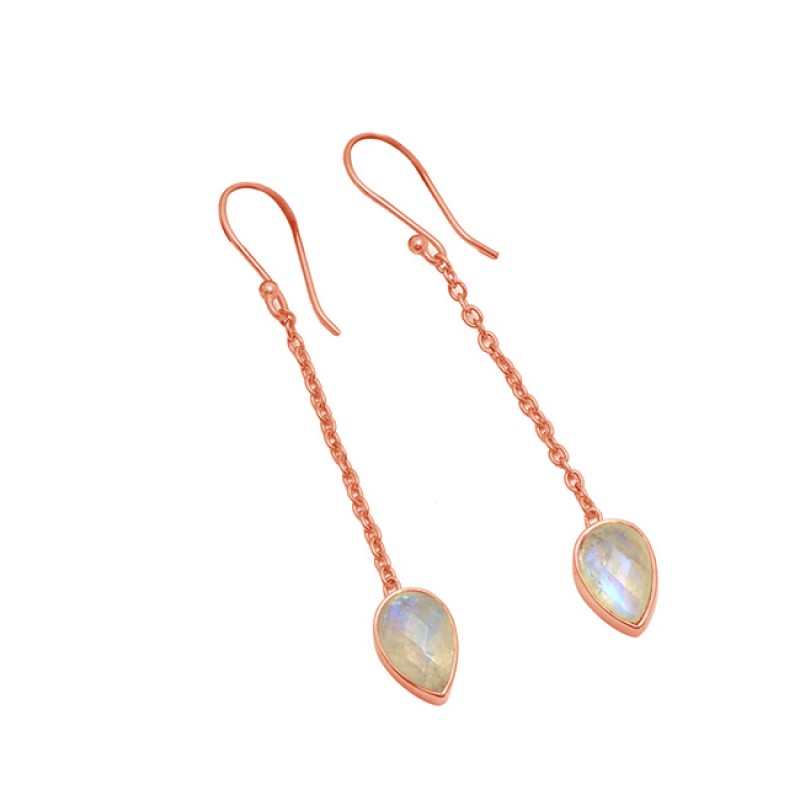 925 Sterling Silver Moonstone Pear Shape Gemstone Gold Plated Chain Dangle Earrings