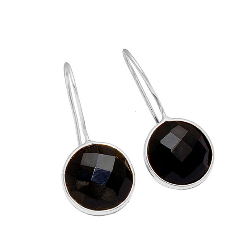 Black Onyx Round Shape Gemstone 925 Sterling Silver Gold Plated Earrings