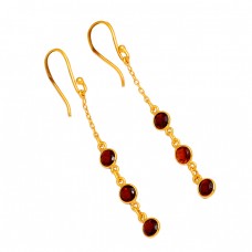 Bezel Setting Garnet Round Shape Gemstone 925 Silver Gold Plated Dangle Earrings