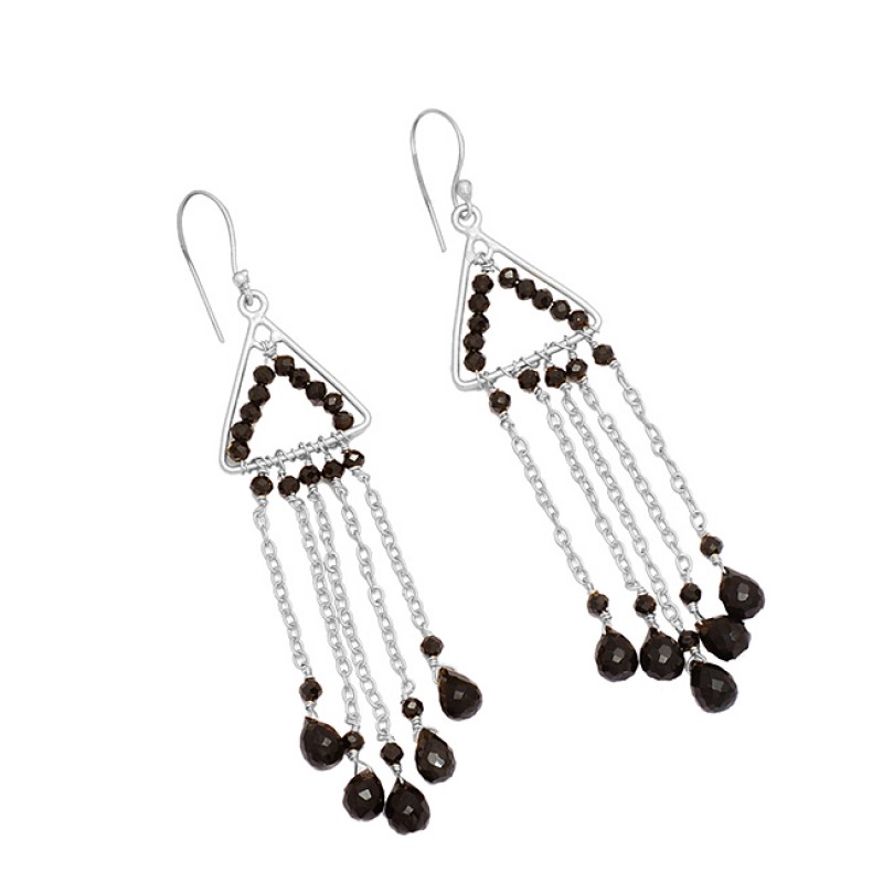 925 Sterling Silver Black Onyx Gemstone Hanging Chain Dangle Earrings