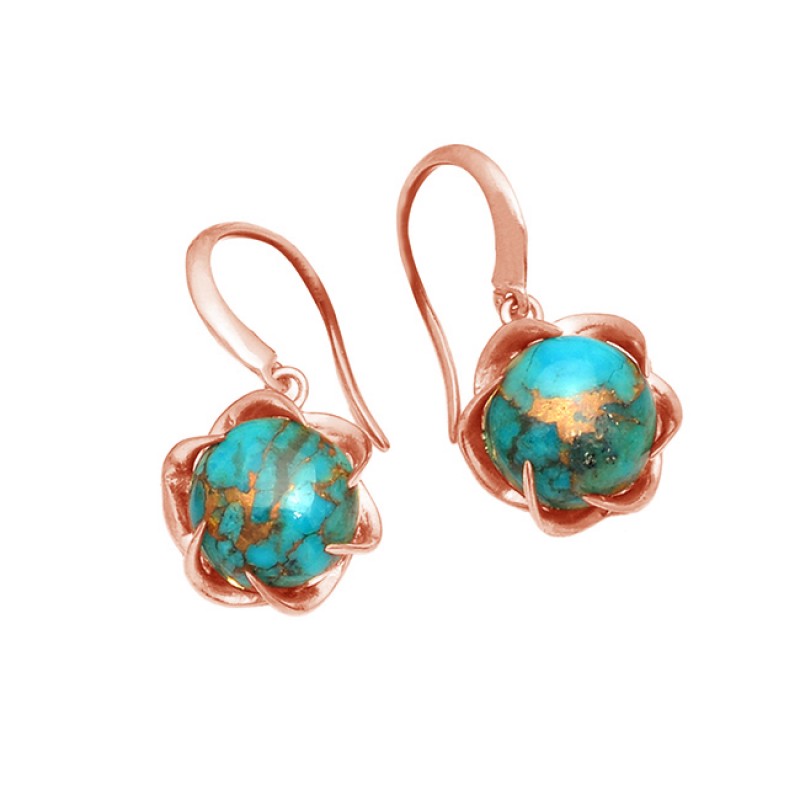925 Sterling Silver Blue Copper Turquoise Gemstone Gold Plated Earrings
