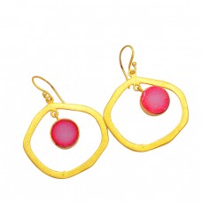 Pink Druzy Round Shape Gemstone 925 Sterling Silver Gold Plated Dangle Earrings