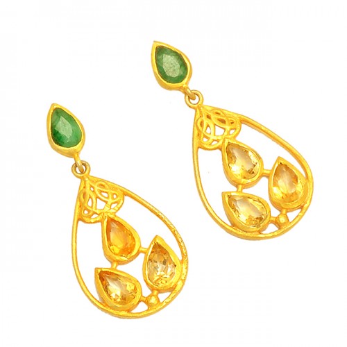 Emerald Citrine Gemstone 925 Sterling Silver Gold Plated Dangle Stud Earrings