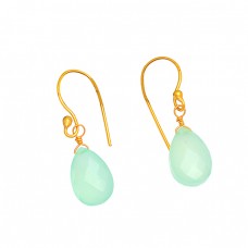 Green Quartz Pear Drops Shape Gemstone 925 Sterling Silver Gold Plated Earrings