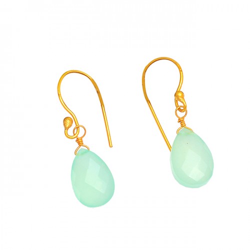 Green Quartz Pear Drops Shape Gemstone 925 Sterling Silver Gold Plated Earrings