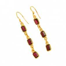 Garnet Octagon Shape Gemstone 925 Sterling Silver Gold Plated Dangle Earrings