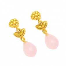 Pink Quartz Pear Drops Shape Gemstone 925 Sterling Silver Gold Plated Dangle Earrings