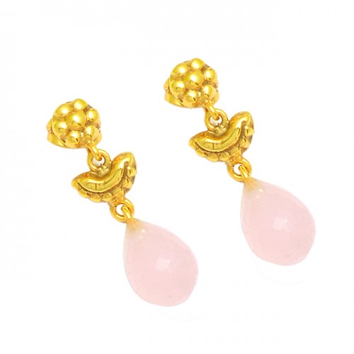 Pink Quartz Pear Drops Shape Gemstone 925 Sterling Silver Gold Plated Dangle Earrings