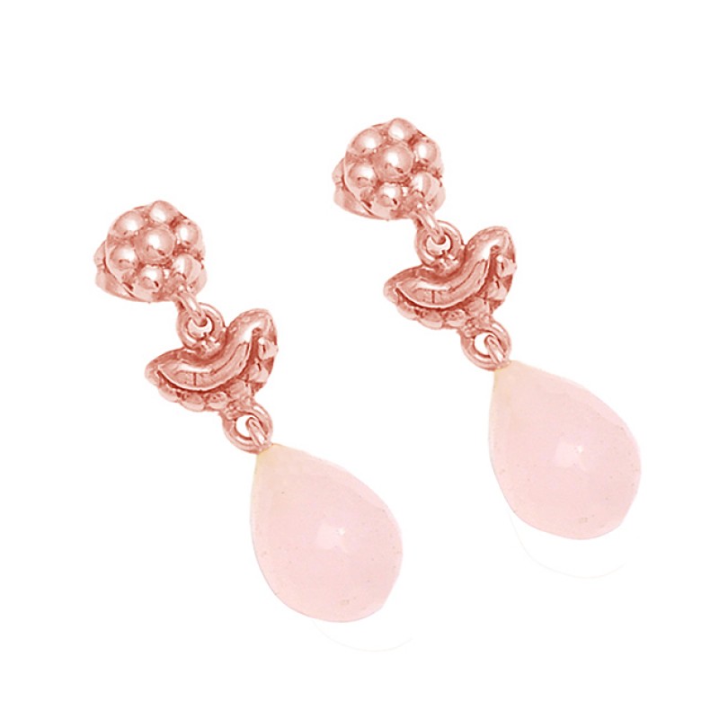 Pink Quartz Pear Drops Shape Gemstone 925 Sterling Silver Gold Plated Dangle Earrings