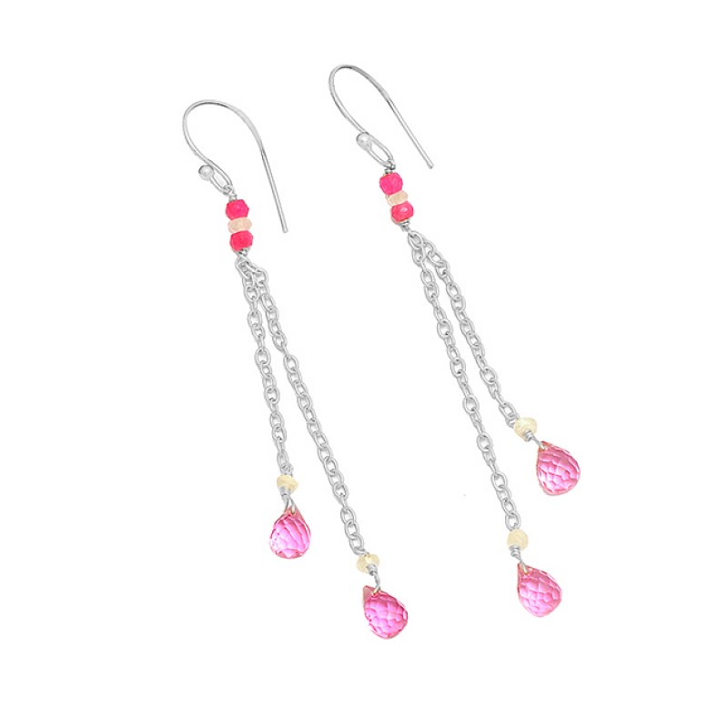 925 Sterling Silver Pink Quartz Gemstone Gold Plated Handmade Chain Earrings