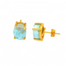 Oval Shape Larimar Gemstone 925 Sterling Silver Gold Plated Stud Earrings