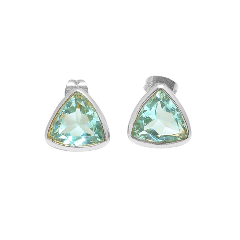 Blue Topaz Triangle Shape Gemstone 925 Sterling Silver Gold Plated Stud Earrings