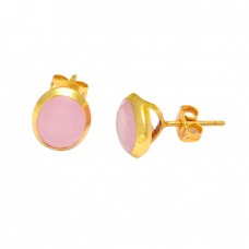 Oval Shape Pink Quartz Gemstone 925 Sterling Silver Gold Plated Stud Earrings