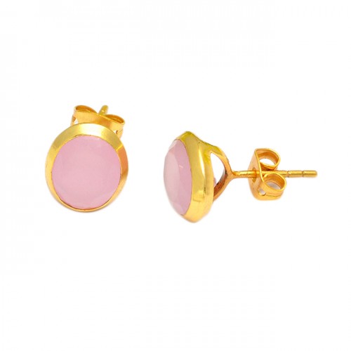 Oval Shape Pink Quartz Gemstone 925 Sterling Silver Gold Plated Stud Earrings