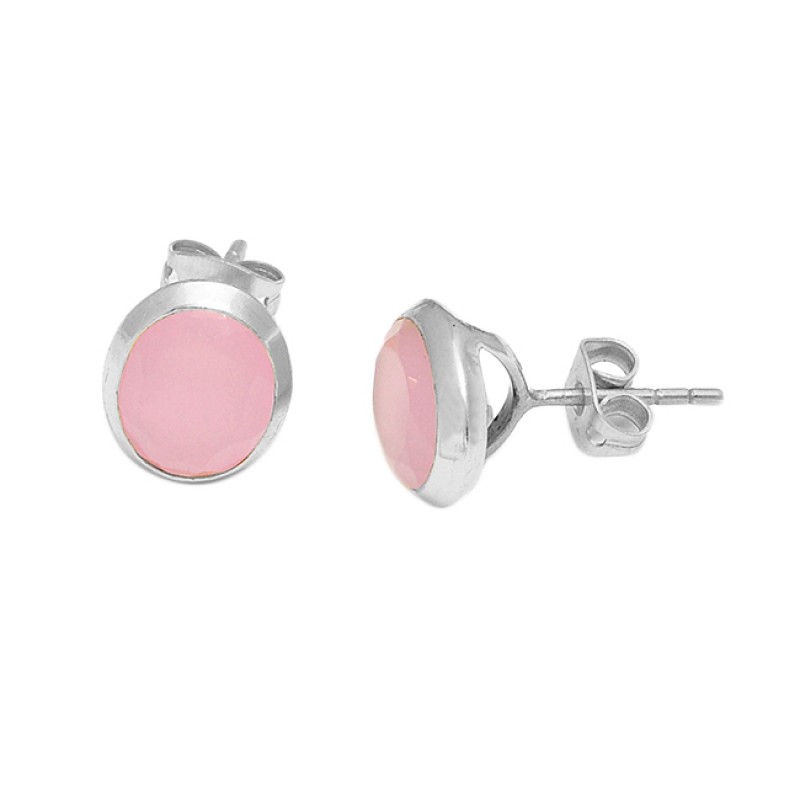 Oval Shape Pink Quartz Gemstone 925 Sterling Silver Gold Plated Stud Earrings