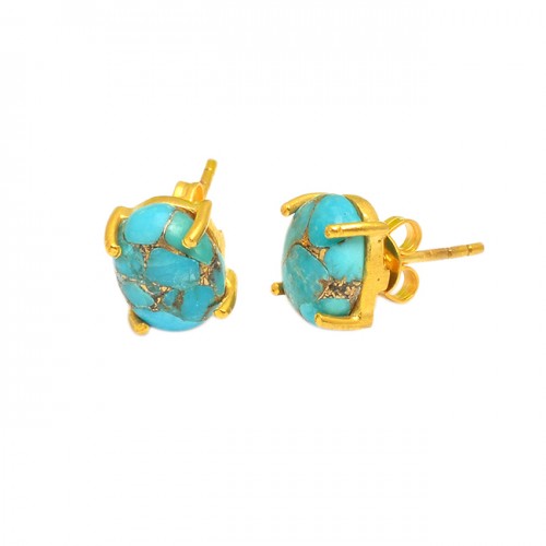 Oval Shape Blue Copper Turquoise Gemstone 925 Sterling Silver Gold Plated Stud Earrings