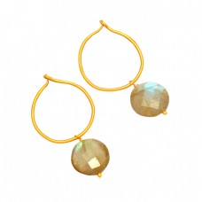 925 Sterling Silver Labradorite Round Shape Gemstone Gold Plated Hoop Earrings