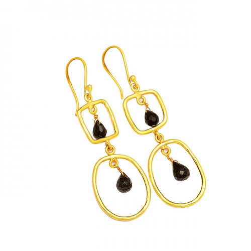 925 Sterling Silver Black Onyx Pear Drops Shape Gemstone Gold Plated Dangle Earrings