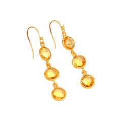 Bezel Setting Round Shape Citrine Gemstone 925 Silver Gold Plated Dangle Earrings