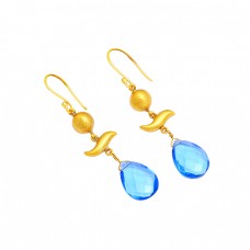 Blue Topaz Pear Shape Gemstoe 925 Sterling Silver Gold Plated Dangle Earrings