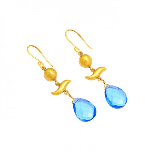 Blue Topaz Pear Shape Gemstoe 925 Sterling Silver Gold Plated Dangle Earrings