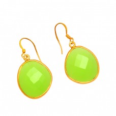 Oval Shape Prehnite Chalcedony Gemstone 925 Sterling Silver Gold Plated Earrings